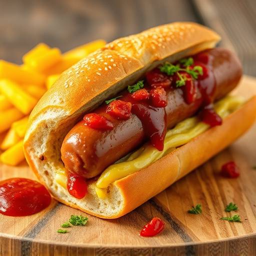 A Boerewors sausage in a hot dog bun, topped with tomato relish and mustard, a common sight at South African braais and street corners
