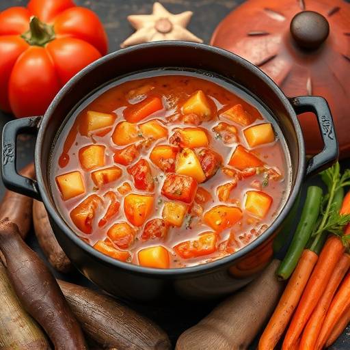 A cast iron pot (potjie) filled with a simmering stew, surrounded by vegetables