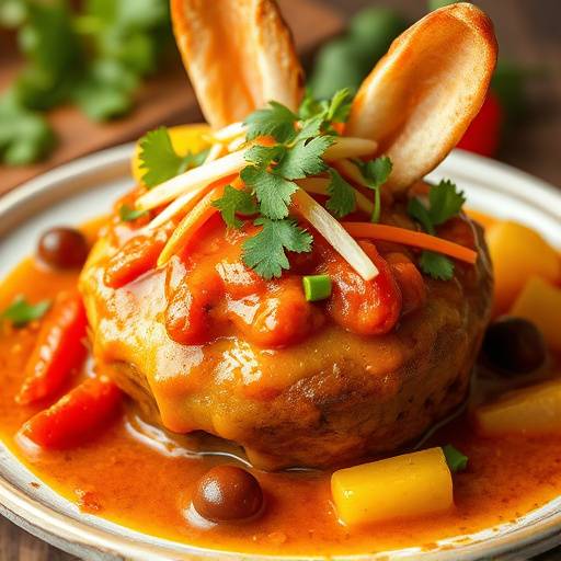 A close-up shot of a Bunny Chow filled with vibrant, spicy curry overflowing from the bread