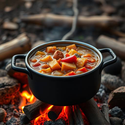 A close-up shot of a potjie pot over an open fire, filled with a bubbling stew, showcasing a traditional South African cooking method.
