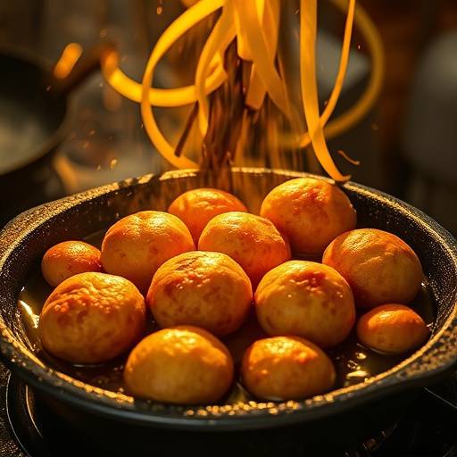 A detailed view of a vetkoek being fried in a large pan of oil at a street food market in Johannesburg