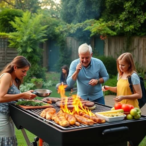 A family enjoying a Sunday braai in their garden, laughing and eating grilled meats and vegetables