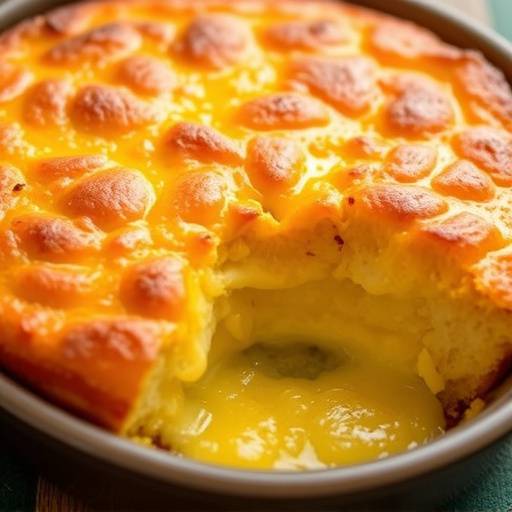 A freshly baked Bobotie dish, golden brown and topped with a creamy custard layer