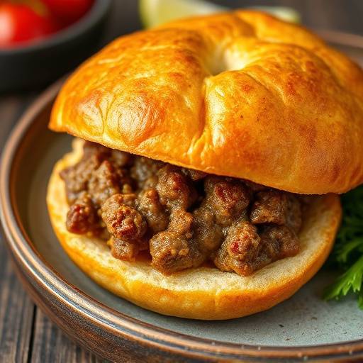 A golden-brown vetkoek, a deep-fried dough bread, filled with savory mince meat, a comforting South African street food