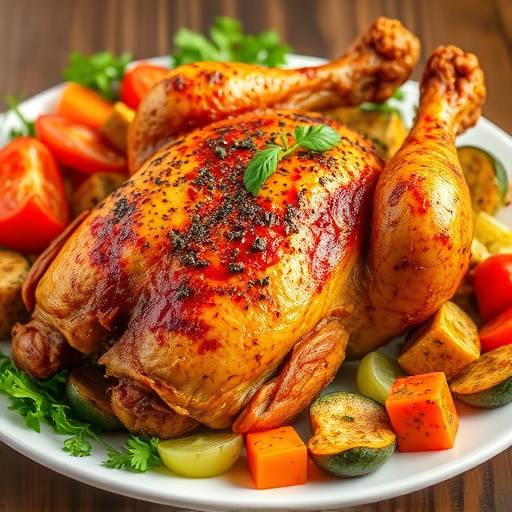 A golden brown roast chicken drizzled with vibrant red peri-peri sauce, served on a platter with roasted vegetables