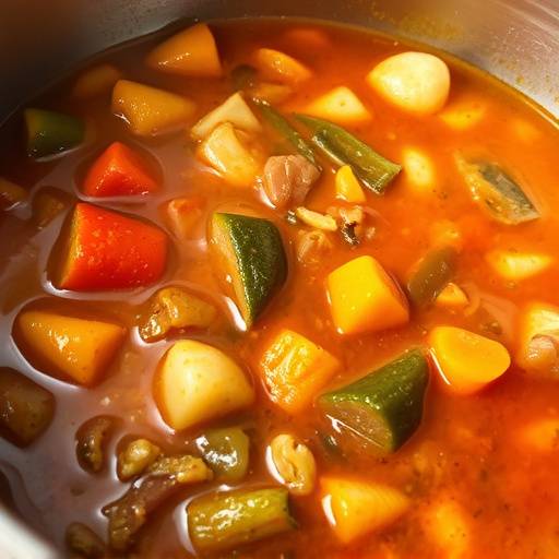 A large pot of hearty stew simmering on a stove, surrounded by bowls of fresh vegetables and herbs, representing family-style cooking.