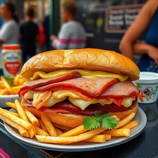 A massive Gatsby sandwich filled with polony, chips, and sauces, a Cape Town street food staple