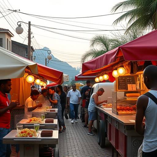 A vibrant street food scene with vendors selling various snacks like Bunny Chow and Koeksisters, representing the diverse flavors of South African street food.