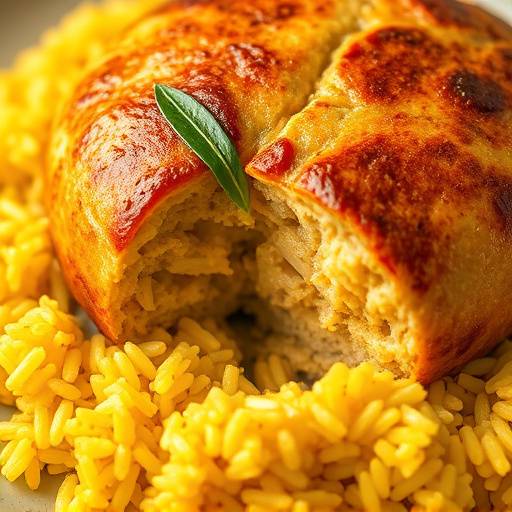 Close-up shot of a plate of Bobotie, a traditional South African dish, garnished with bay leaves and served with yellow rice.