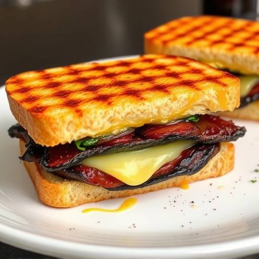 Several grilled sandwiches with melted cheese and biltong, displaying grill marks